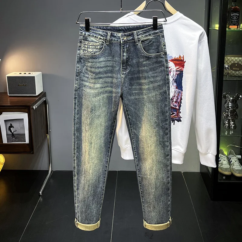 High-End Jeans for Men 2024 New Fall Men's Clothing Casual All-Match Fashion Vintage Print Nostalgic Color Stretch-Fit Pants