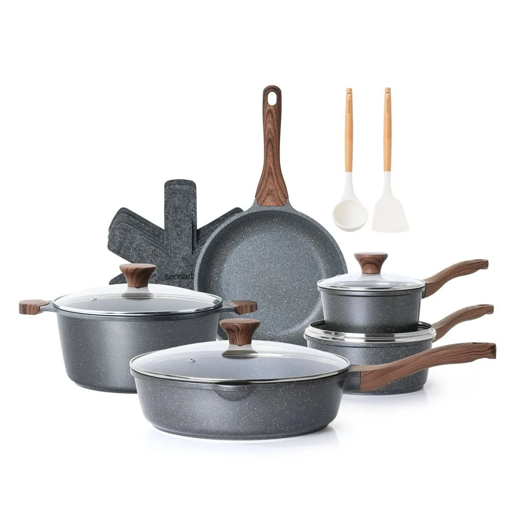 

Sensarte Nonsti Pots And Pans Set, 17 Pieces Non Sti Granite Cookware Set, Induction Kitchen Cookware Sets Gray, Free Of