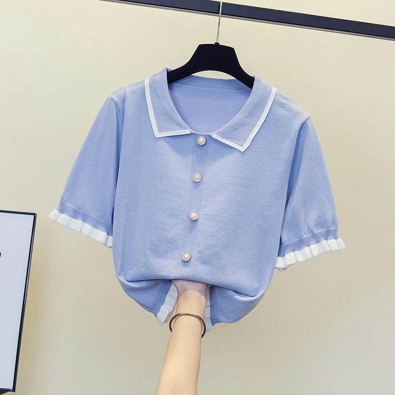 4XL Plu size women Summer loose casual Button Robi kintting T-shirt 2024 short sleeve thin sweater pullover Oversized jumper