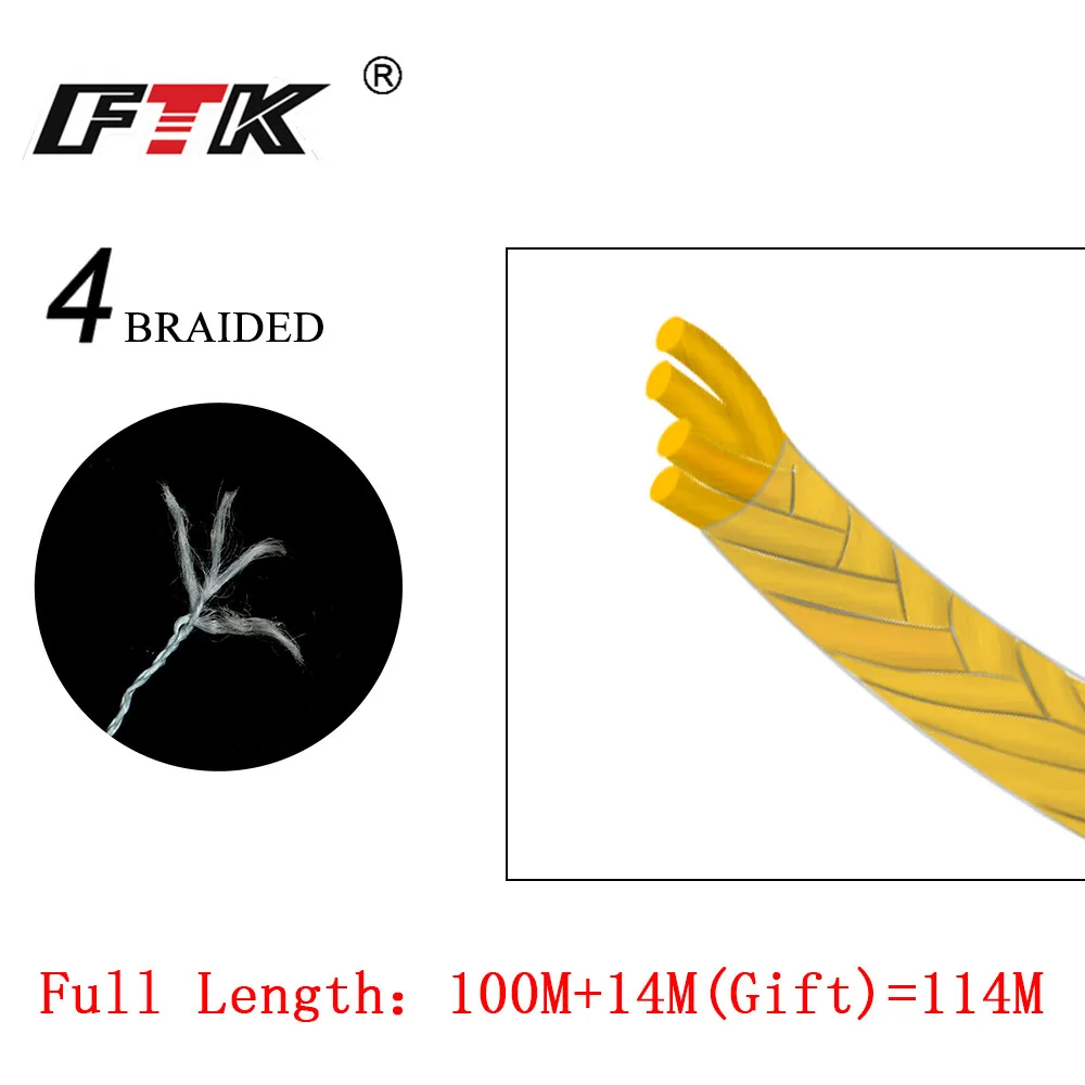 FTK 114M PE Geflochtene Draht Angelschnur 125Yards 4 Stränge 0,10mm-0,40mm 8LB-60LB Japan Unglaublich starke Multifilament Faser Linie