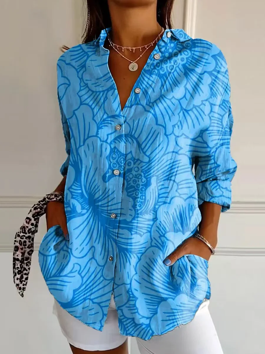 Camisa artística estampada a la moda para mujer, camisa informal para mujer, camisa holgada con botones rectos para mujer, Tops
