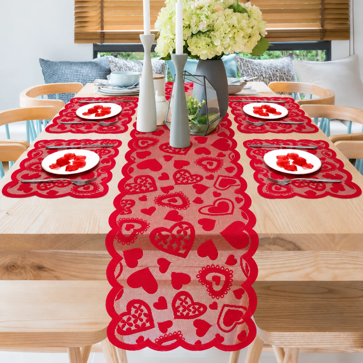 5Pcs Valentine Red Heart Lace Table Runner & Placemat Set, Hollow Lace, Romantic Table Decor for Anniversary & Date Night
