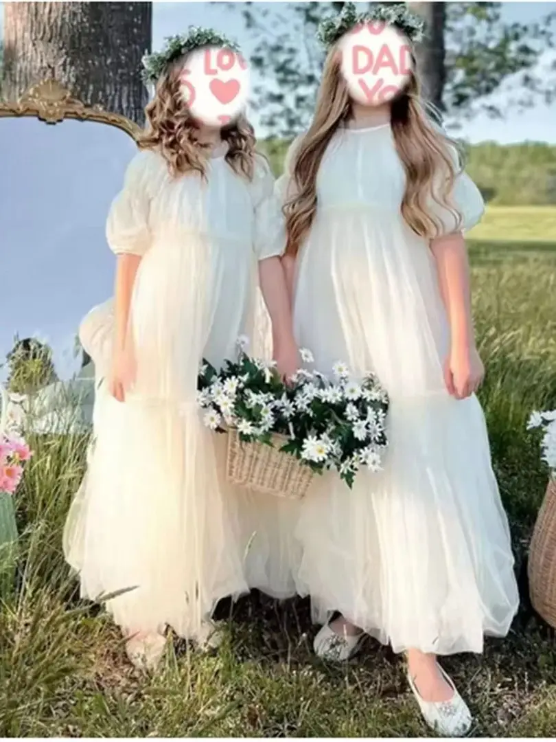 Vestido de niña de flores personalizado, media manga escalonada de tul marfil para boda, fiesta de cumpleaños, banquete, vestidos de comunión