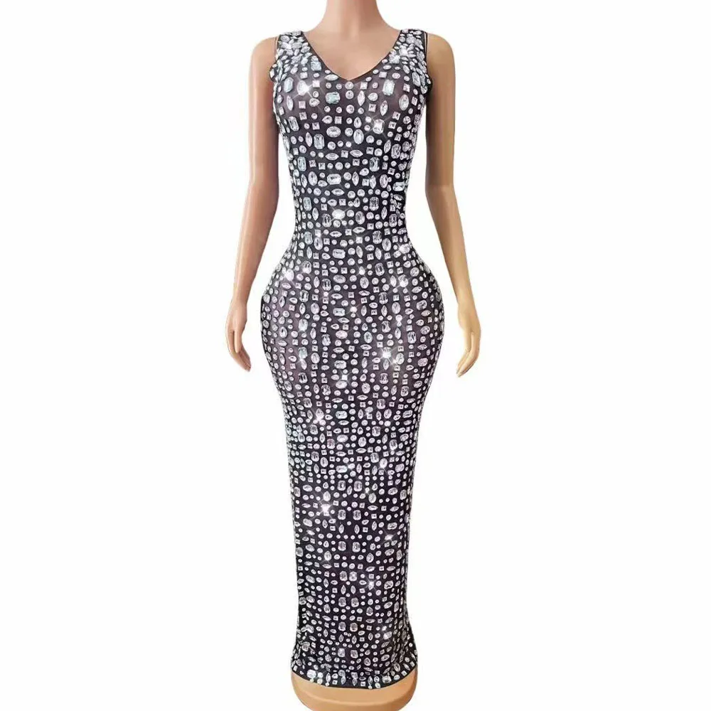 Seksowna, błyszcząca sukienka z siateczki z dżetami, na wieczór, urodziny, wesele, do świętowania, suknia na czerwony dywan, elegancka odzież sceniczna.