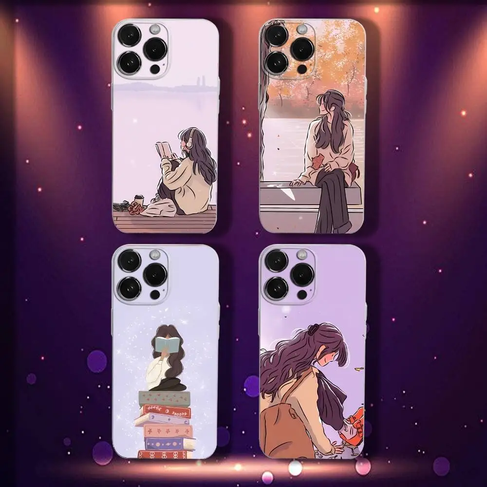 

Girl Book Landscape Phone Case For iPhone 17,16,15,14,13,12,11,Pro,Max,Plus,E,SE4,Air,Mini Transparent Cover