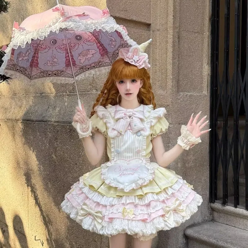 

Cute Lolita Dresses Sweet Bunny OP Princess Dress Apron Bow Ice Cream Hat Suit for Women Japanese Kawaii Theme Party Outfits