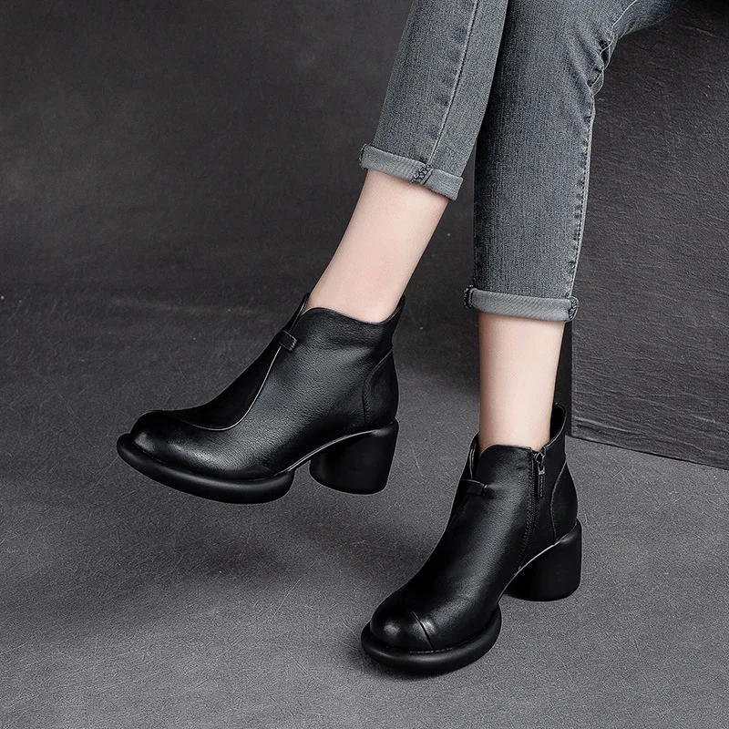 GKTINOO Genuine Leather Ankle Boots Women Shoes 2024 New Autumn Winter Round Toe Square Heel Zip Handmade Leisure Women Boots