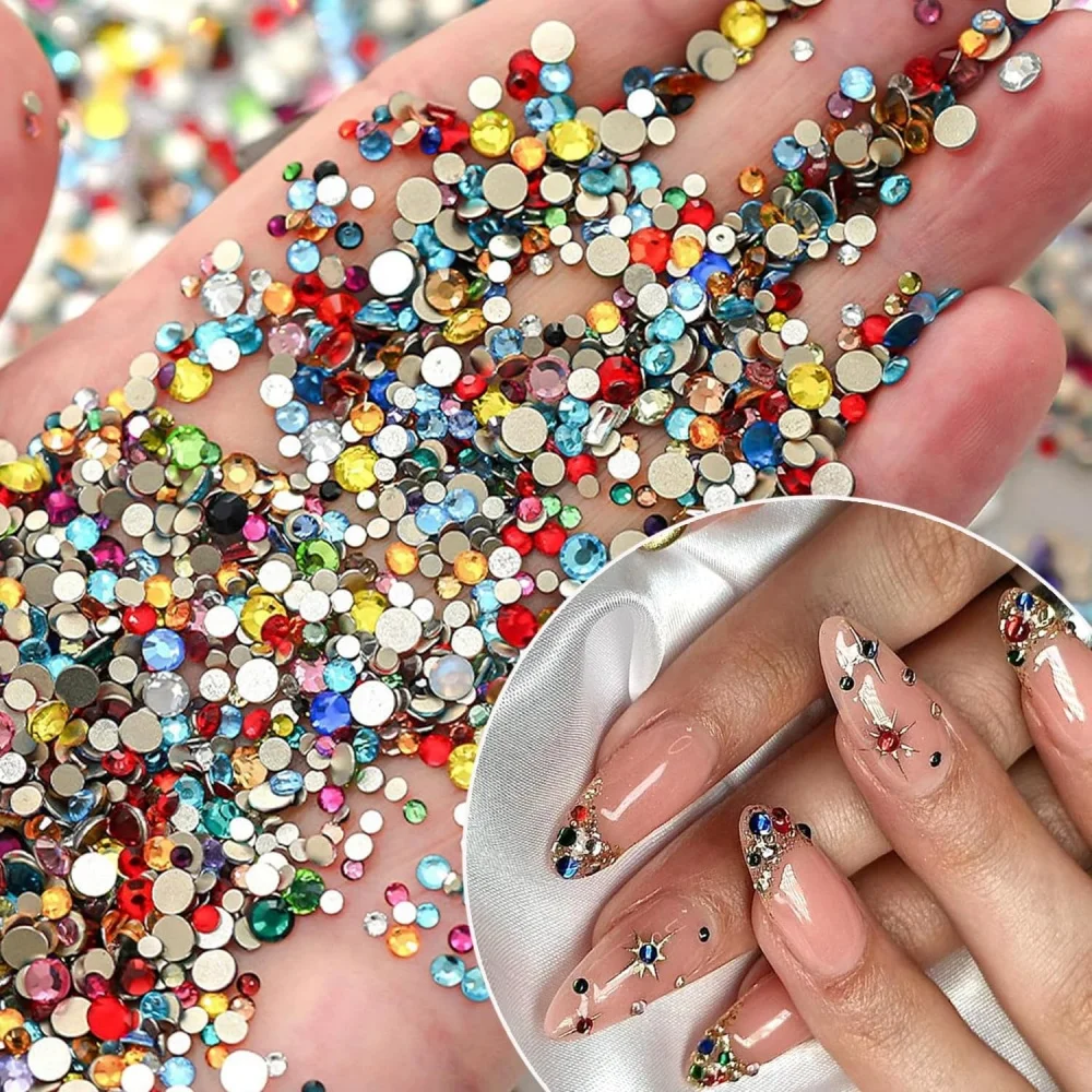 12 شبكة من أحجار الراين الملونة متعددة الأحجام لتزيين الأظافر، كريستال نصف دائري ثلاثي الأبعاد لامع، زخارف مسطحة للمانيكير