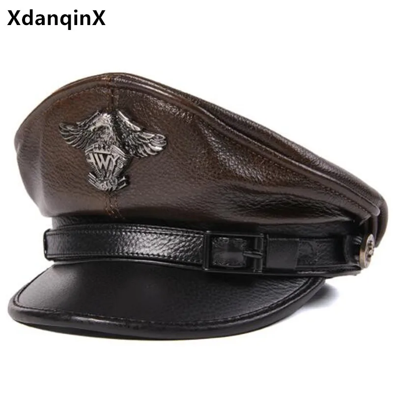 Natural Genuine Leather Cap Cowhide Military Hats For Men And Women Honorable Fashion Flat Cap Locomotive Hat Leather Hat Unisex