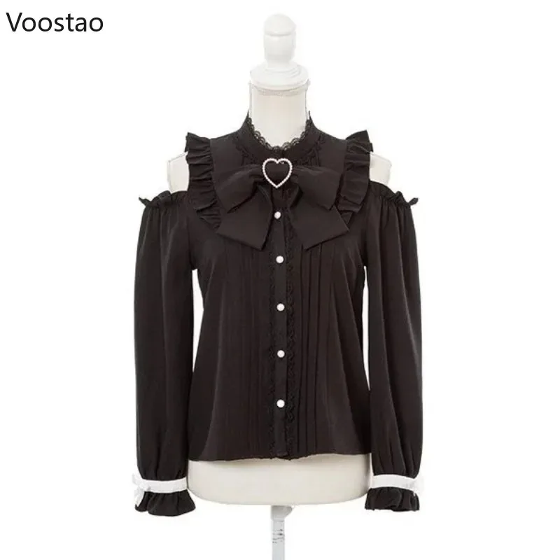 S-4XL Kawaii Donna Lolita Camicie Fiocco Cuori Fibbia Camicetta Y2k Giapponese Scava Fuori Manica Lunga Dolce Top Ufficio Donna JK v;6,a'