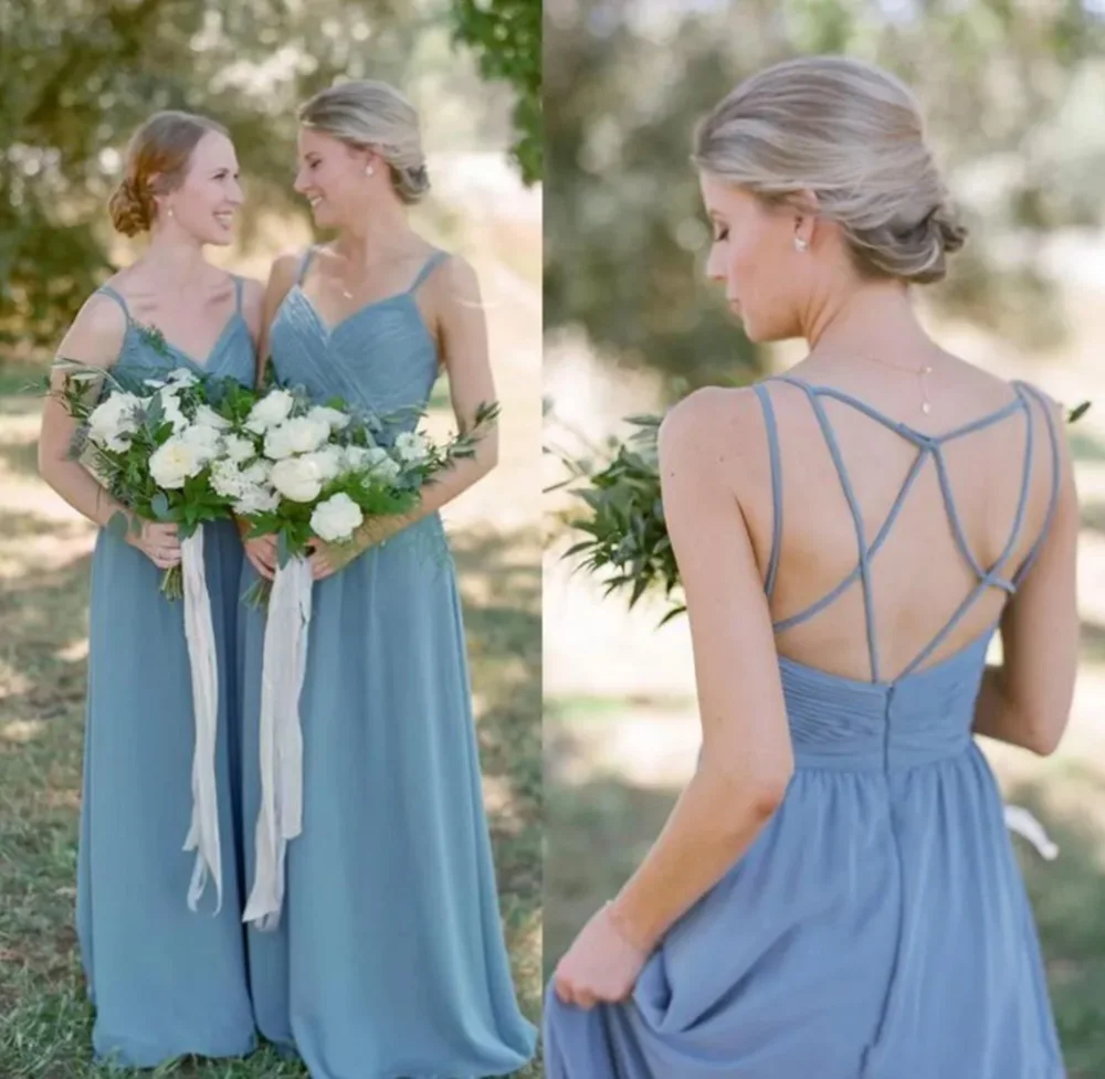 

Sexy Backless A Line Bridesmaid Dresses V-Neck Spaghetti Floor-Length Sweep Train Chiffon long Lace Up Plus Size Custom