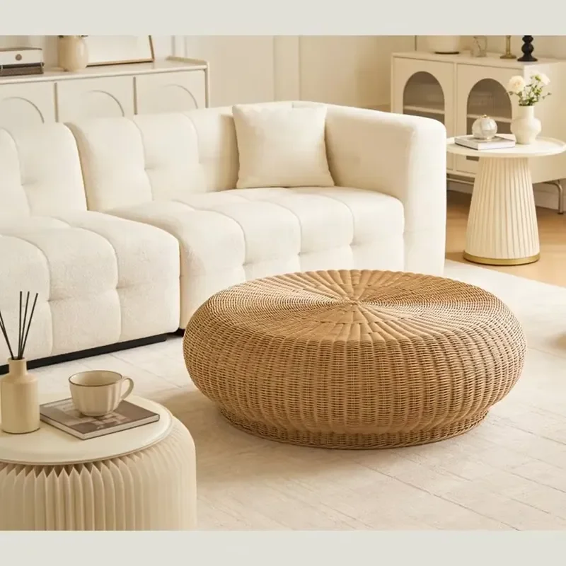 Round Rattan Ottoman for Natural Tone PE Rattan with Aluminum Frame Indoor Outdoor Pouf Stool for Living Room Patio