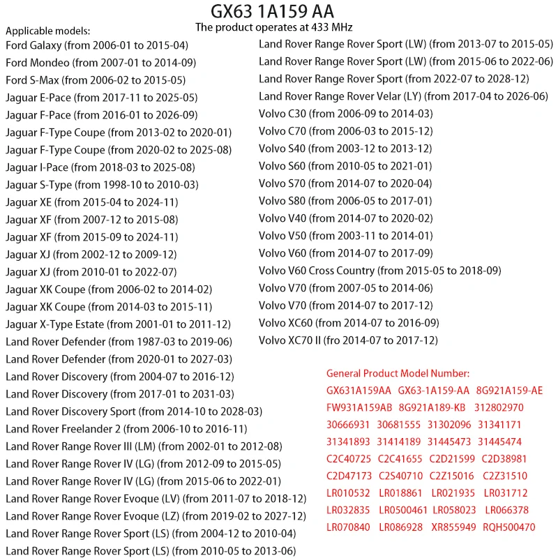 433-MHz-Reifendrucksensor für Jaguar E-Pace, F-Pace, I-Pace, S-Type, F-Type Coupe, X-Type, Estater, XE, XF, XJ, XK, Auto-TPMS, GX631A159AA – Detail 2