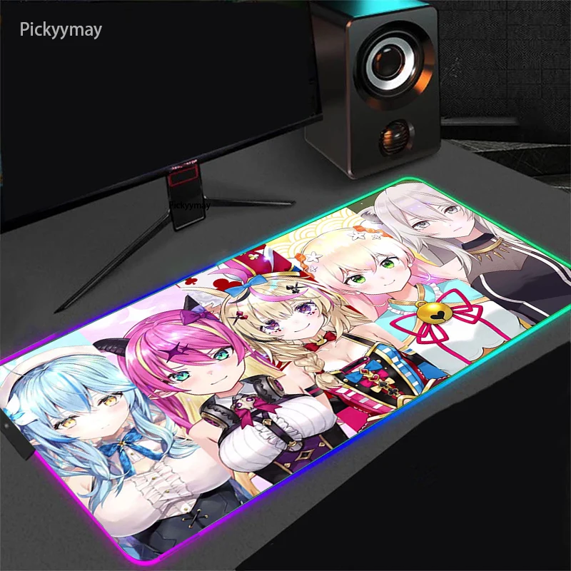 

Игровой коврик для мыши Hololive в стиле аниме для девочек, RGB подсветка, светодиодный геймер 90X40, компьютерный коврик для мыши CS GO, милый Нескользящий Резиновый Настольный коврик для ПК