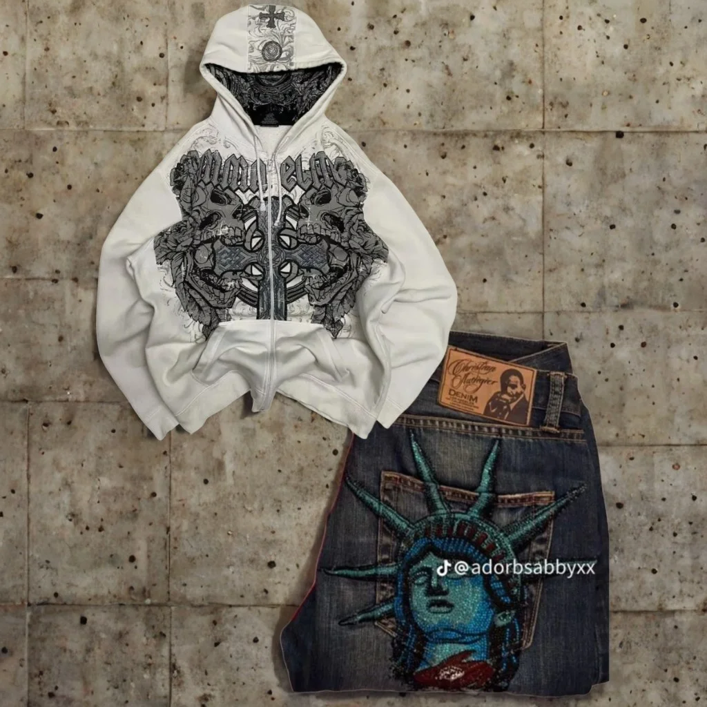 

New Hip Hop Statue Liberty Jeans Zip Up Hoodies Women Street Casual Loose Goth Sweatshirt Unisex Fleece Padded Warm Y2k Hoodie