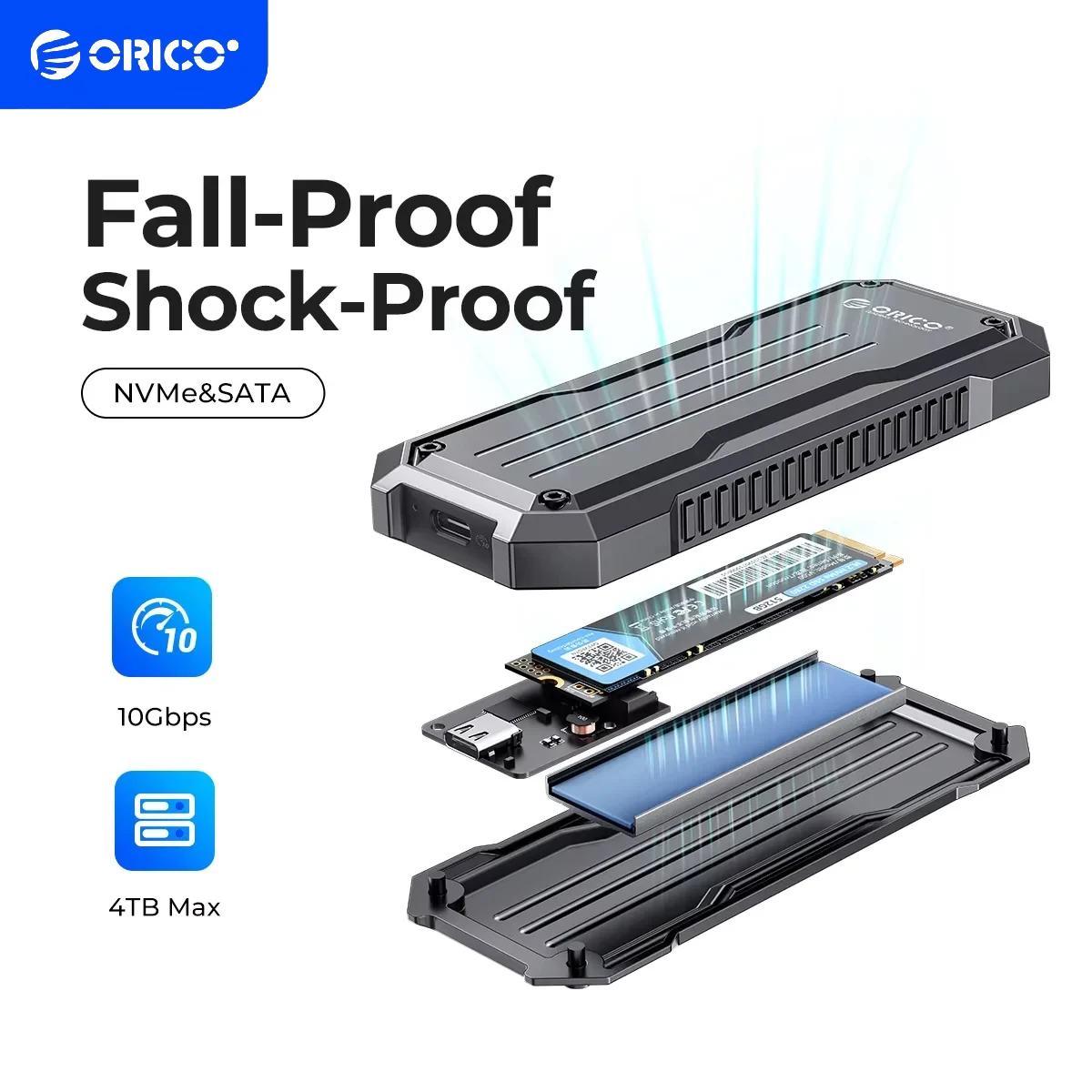 

ORICO Портативный M.2 NVMe SATA SSD корпус из цинкового сплава Водонепроницаемый ударопрочный корпус 10 Гбит/с с радиатором на шнурке для путешествий на открытом воздухе