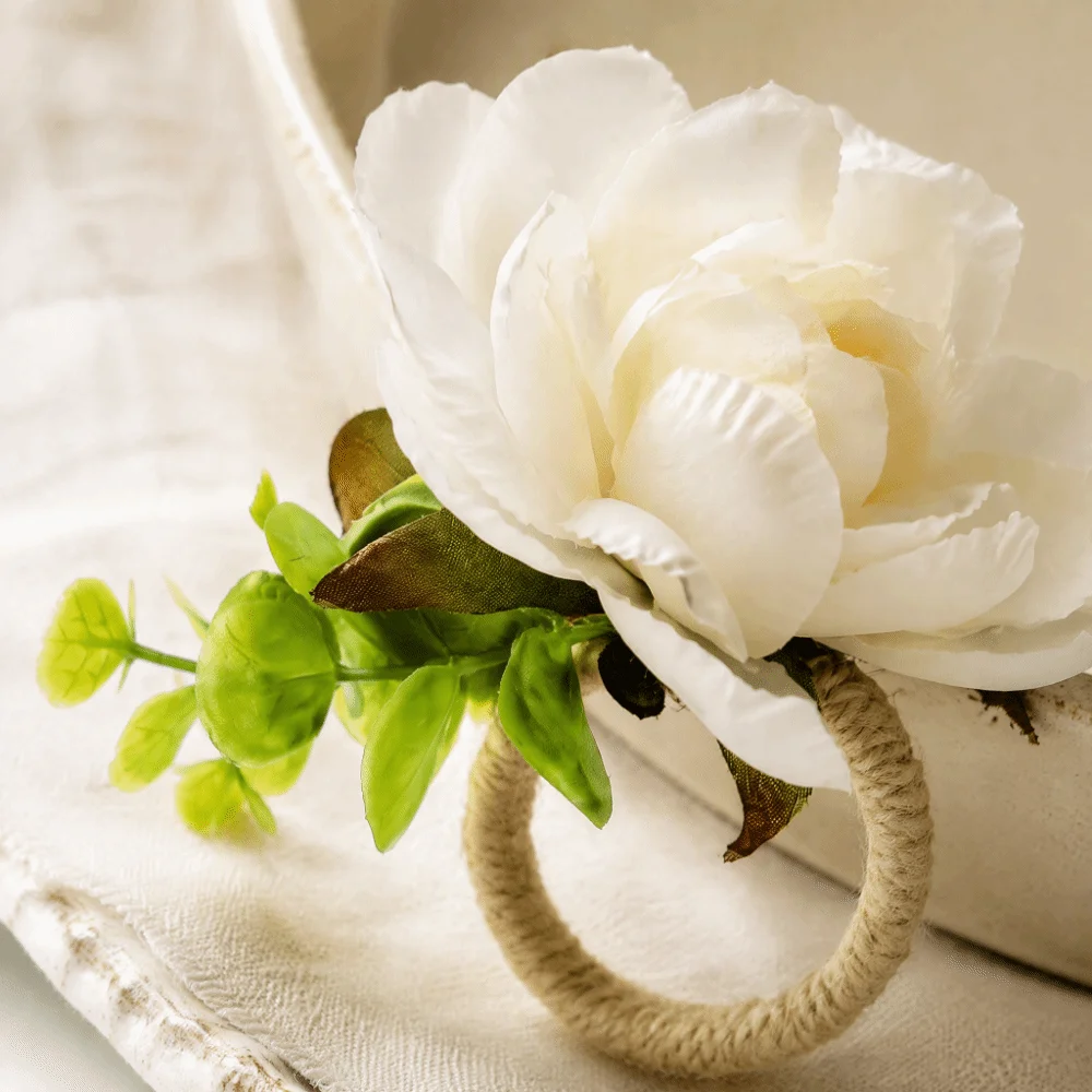 3.54×3.35in Table Napkin Holders Woven Jute Rope Hemp Rope Woven Napkin Rings White Flower Jute Napkin Buckles Table Decor