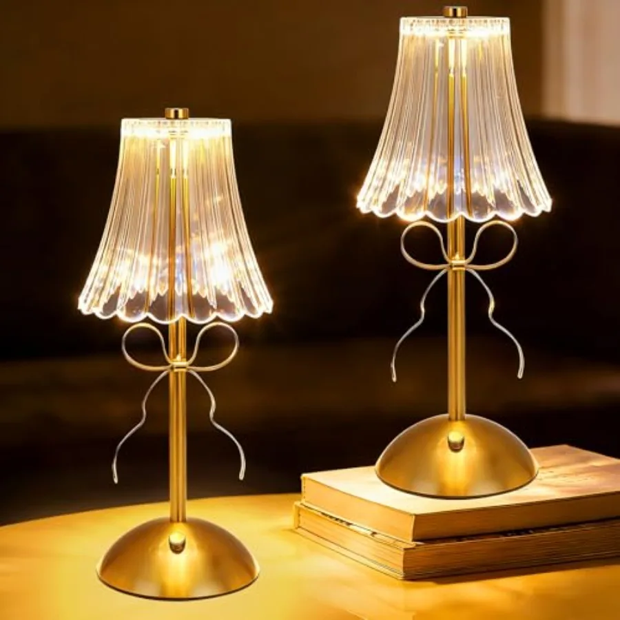 Crystal Bow Table Lamp Set of 2, Gold Rechargeable Table Lamp Cordless, 3 Color Dimmable LED Touch Lamps, Battery Operated Desk