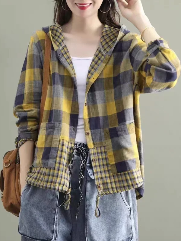 Loose Long Sleeve Plaid Cotton Shirt Women's Top