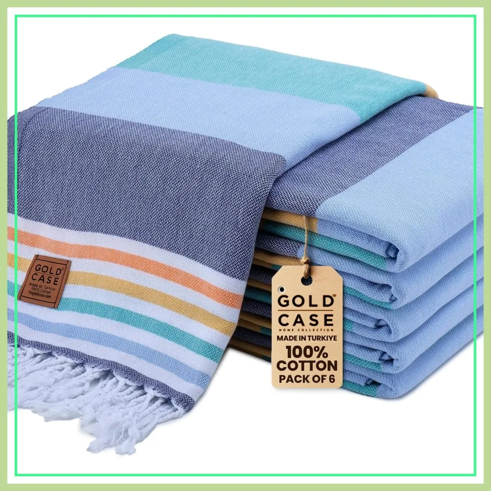 

Turkish Beach Towel Set of 6 – 100% Cotton Large Bath Towels 70x38 Inches, Quick Dry, Sand Free, Lightweight, Multicolor