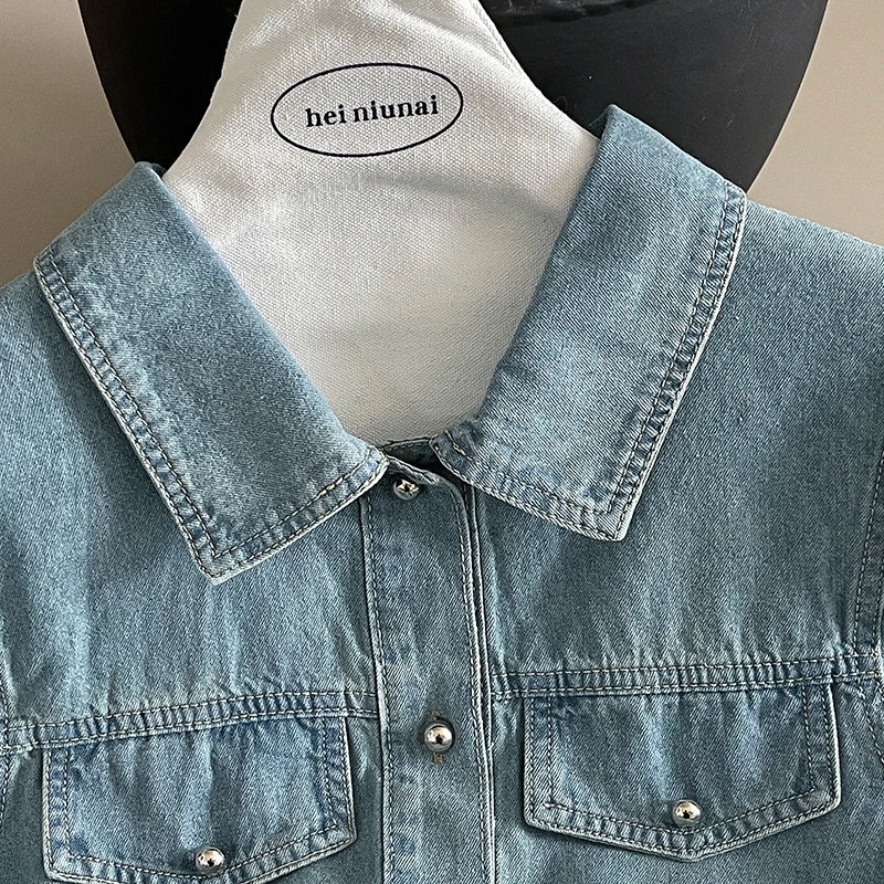 المرأة قميص دينيم رفض طوق تحلق كم قصير الأزرق بلايز المحملة الإناث الصيف موضة فضفاض البلوز الجينز القمم المحملة #4