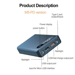 DIY Shell Detachable Power Bank Case 5*18650 Battery Holder Box With LED Flashlight USB USB C Without Battery