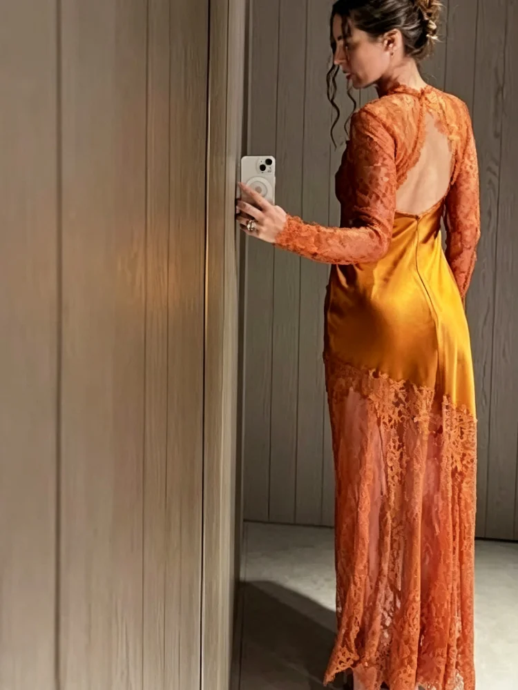Rückenfreies Spitzen-Satin-Maxikleid für Damen, Elegantes Rundhals-Langarmkleid mit Ausschnitten, Abendkleid für Hochzeitsgäste – Detail 5