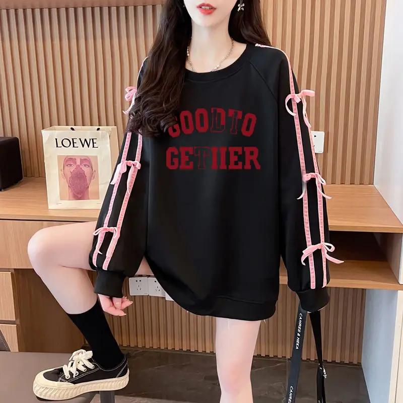 

2024 Autumn Winter New Casual Letter O-neck Long Sleeve Sweatshirts Women Clothing Simplicity All-match Bow Loose Pullovers Tops