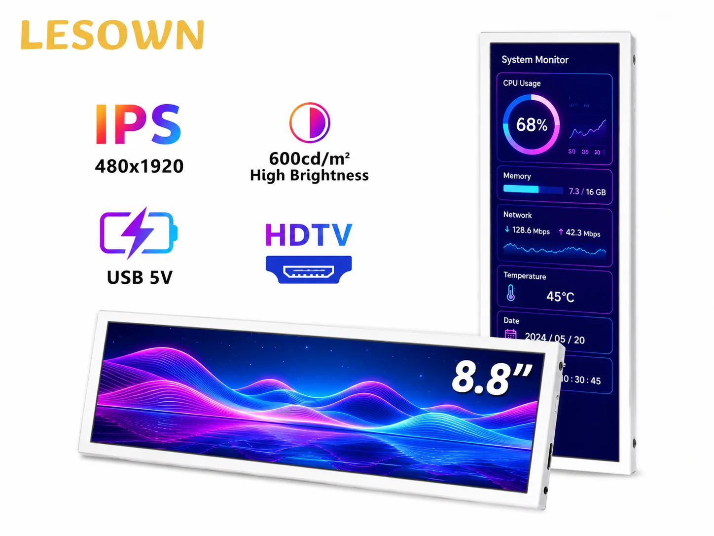 LESOWN 8.8'' Pure White External Screen Plug n Play 1920x480 miniHDTV AIDA64 PC Case Sensor Panel 4:16