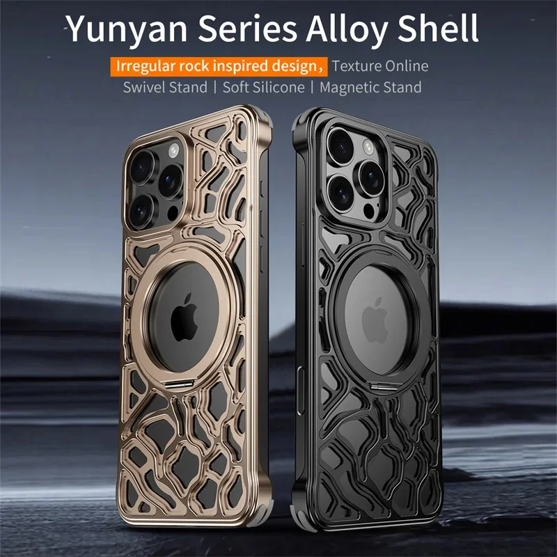 

For iPhone16 Pro 15 Pro Max Aluminum Alloy Frameless rotatable MagSafe Magnetic Stand fashion Case Metal Frame Shockproof Cover