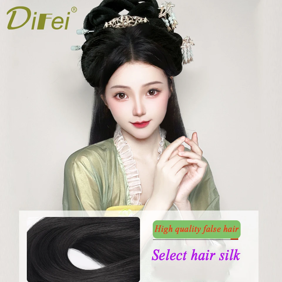 Sintetis fitur Cina Hanfu kostum wig bun dan rambut panjang dengan chignon setengah kepala headband Wig