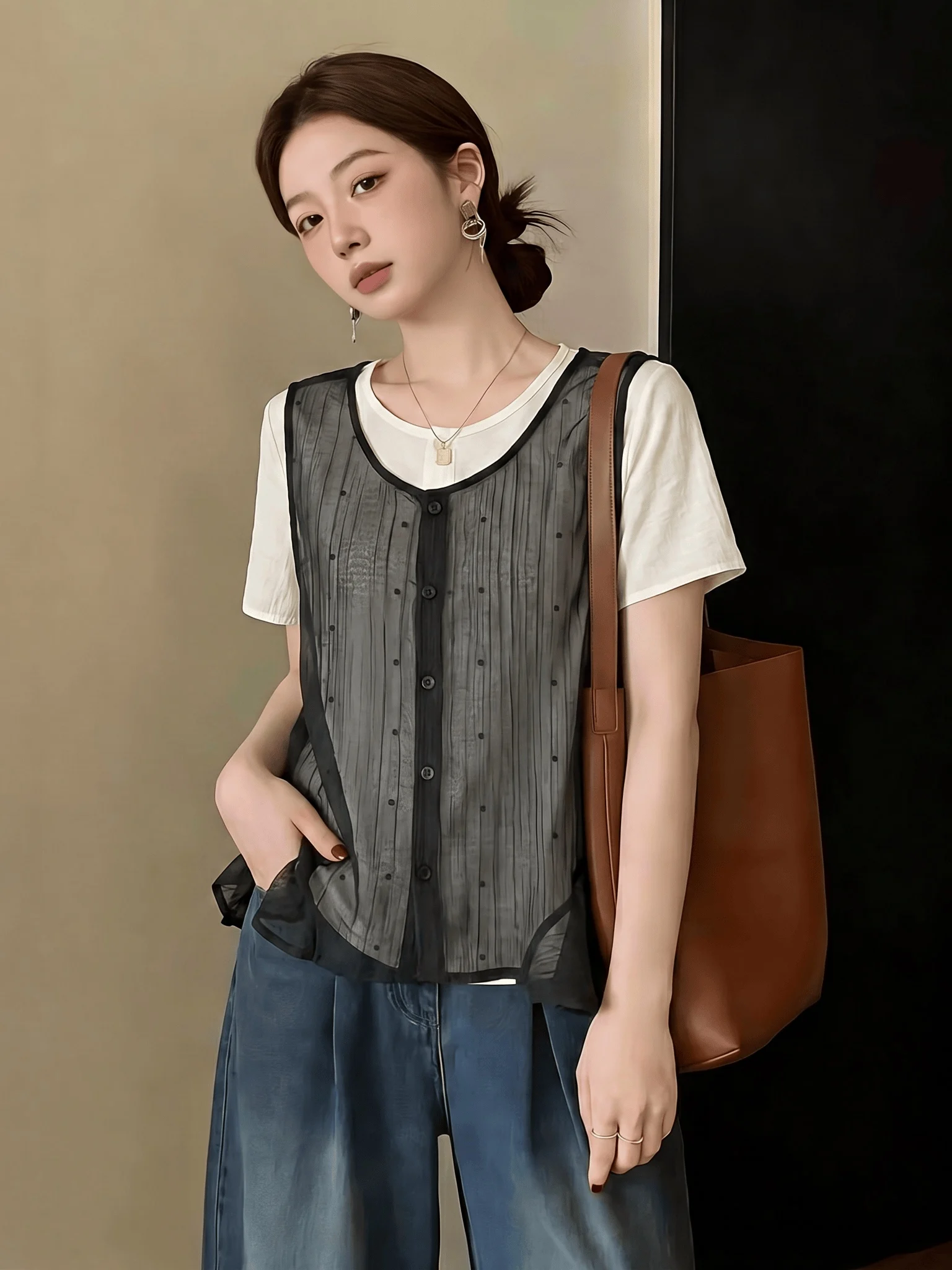 Summer New Polka Dot Mesh Tank Top Short Sleeve Women's Shirt Thin Size Large MM Upper Body Two-Piece Set Commute Style