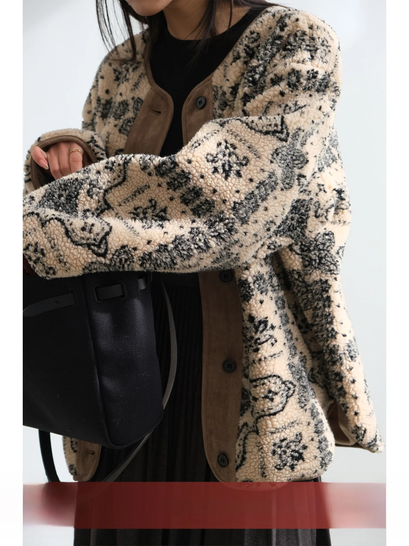 

Warm Faux Fur ort Coat Fair Isle Totem Color Blo round Ne Lamb Wool Autumn Winter Versatile Outerwear for Young Women