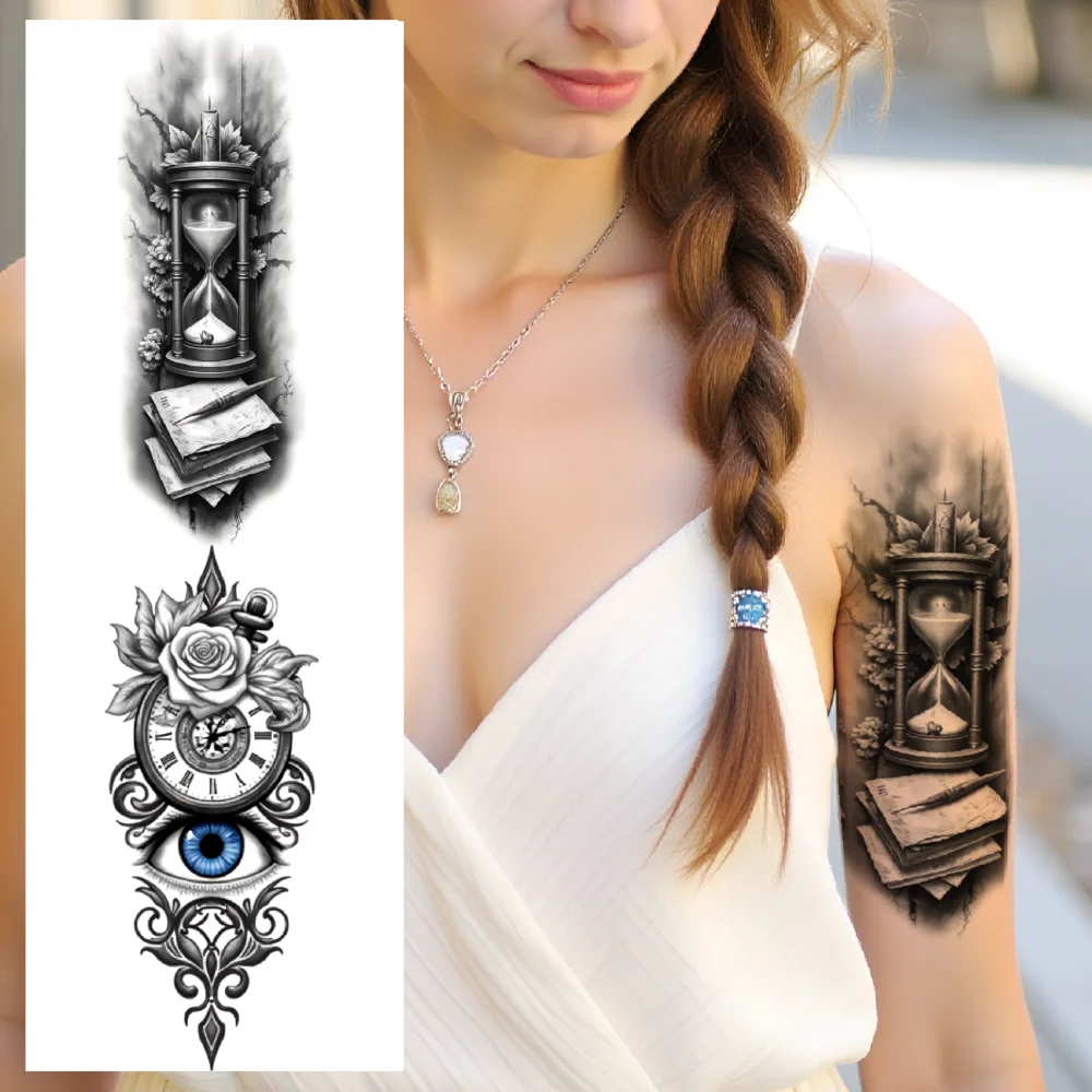 Tatouage temporaire noir et gris, 3 pièces, sablier et livres réalistes, démon avec Trident, éclairé de lune, pour femmes et adultes, cuisses