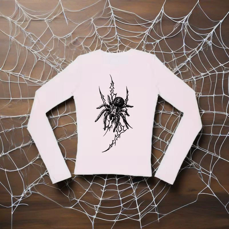 

Футболка с круглым вырезом и длинными рукавами, модная, креативная, с принтом в виде паука, в стиле Y2K, уличная одежда в стиле Харадзюку, готическая повседневная футболка