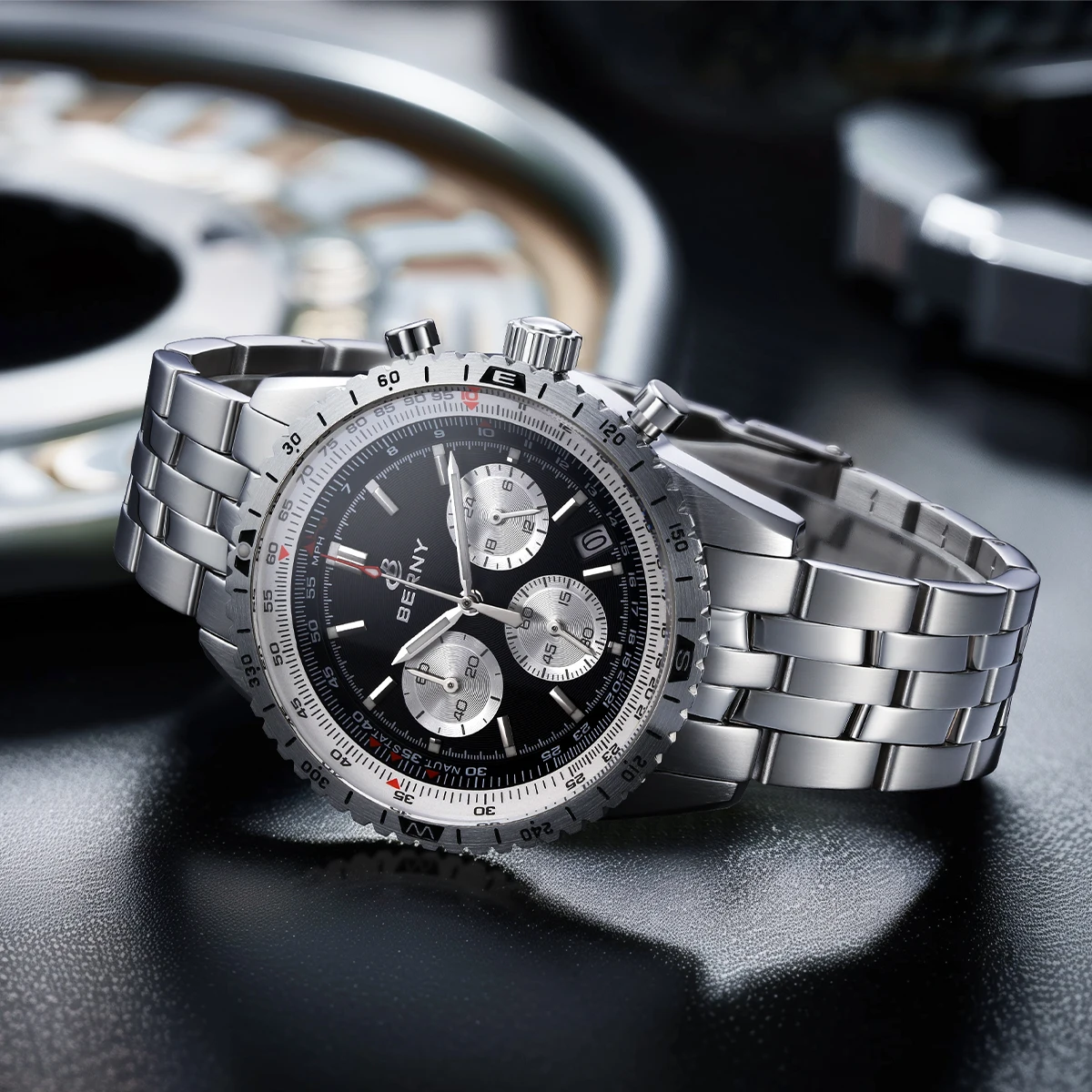 BERNY Chronograph-Uhren für Herren, Luftfahrt-Multifunktions-Quarz-Herrenuhr, Datum, Saphirglas, superleuchtende Luxus-Armbanduhr – Detail 15