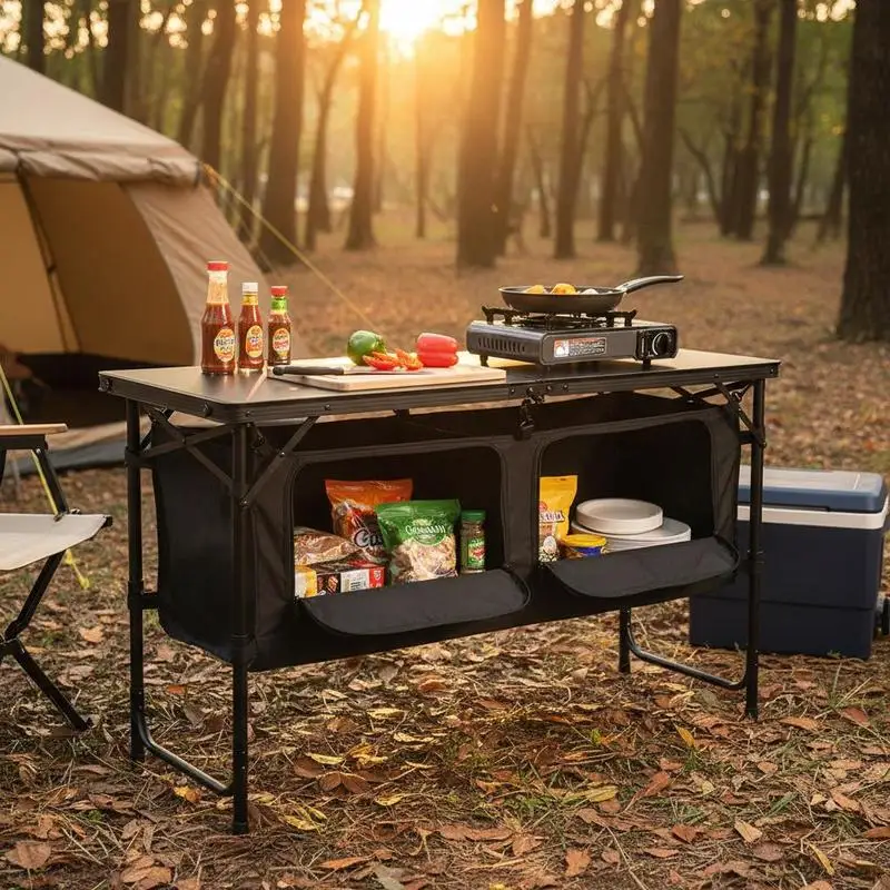 

Portable Culinary Station 4FT For BBQ Picnic RV Travel, 3 Adjustable Heights Aluminum Foldable Prep Stand Storage Organizer Carry Handle Black