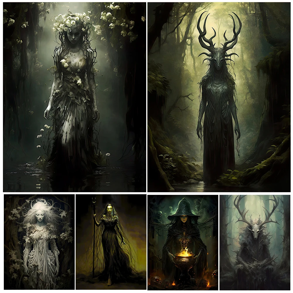 

Dark Witch In Woodland,Vintage Wall Art Canvas Painting, Victorian Gothic Occult Witchcraft Art,Poster And Print,Home Decoration