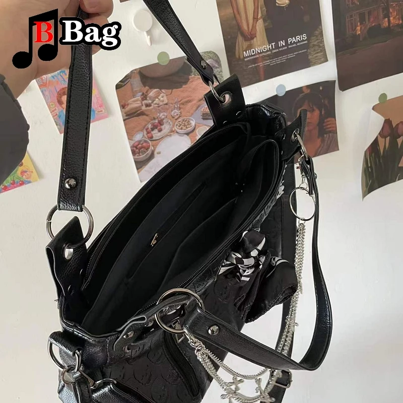 Y2K Women Girls Gothic Skulls Printing Leather Shoulder Bags totes Female Punk Cross Chain Large capacity Messenger bag Handbag