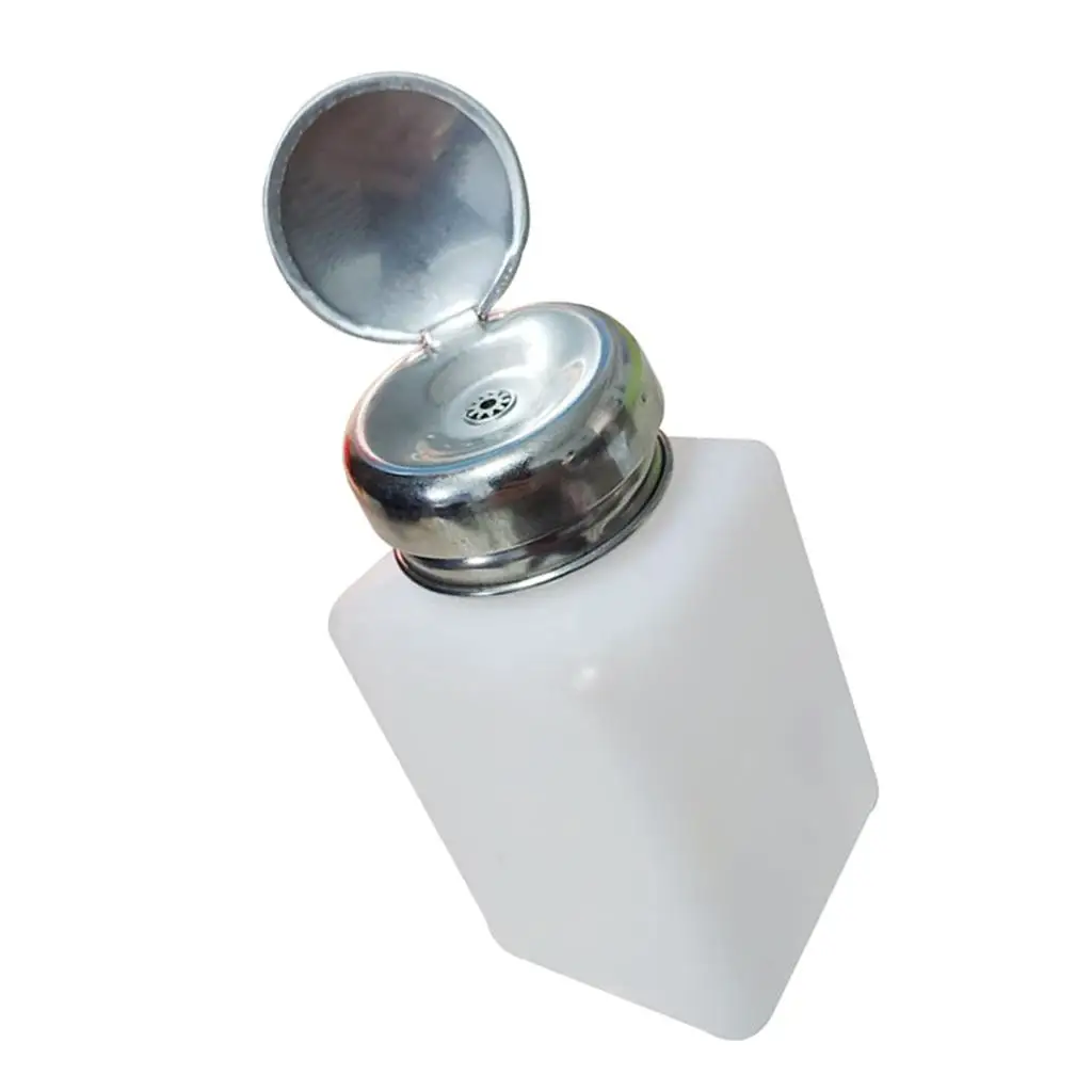Nail Press Bottle Dispenser 200ml White Plastic Stainless Pump Alcohol Dispenser Bottle for Salon Nail Art