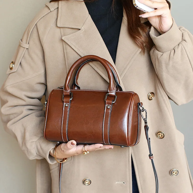 Cowhide Genuine Leather Classic Female Boston Bag Large Capacity Women Split Messenger Bags Lady's Commute Solid Color Handbag