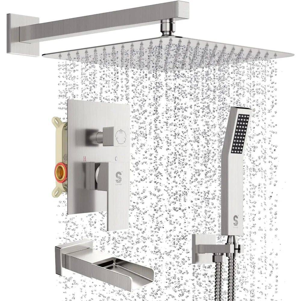 

12-Inch All-Metal Shower System with Square Rain Shower Head, Tub Spout, and Handheld Combo Fixtures for Bathtub