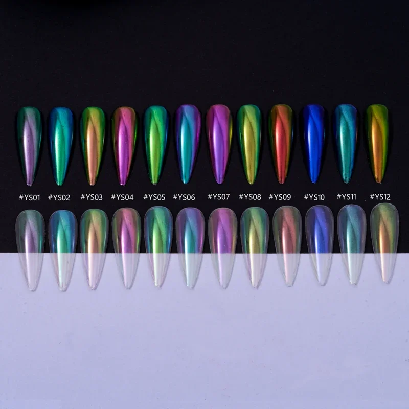 HNDO 오로라 미러 파우더 네일 글리터 크롬 효과, 전문 네일 아트 장식, 매니큐어 카멜레온 안료 먼지, 12 색