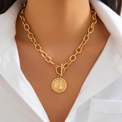 Ingemark Boho OT Clasp Round Pendant Necklace For Women Punk Gold Color Big Hollow Thick Chain Choker Neck Accessories Jewelry