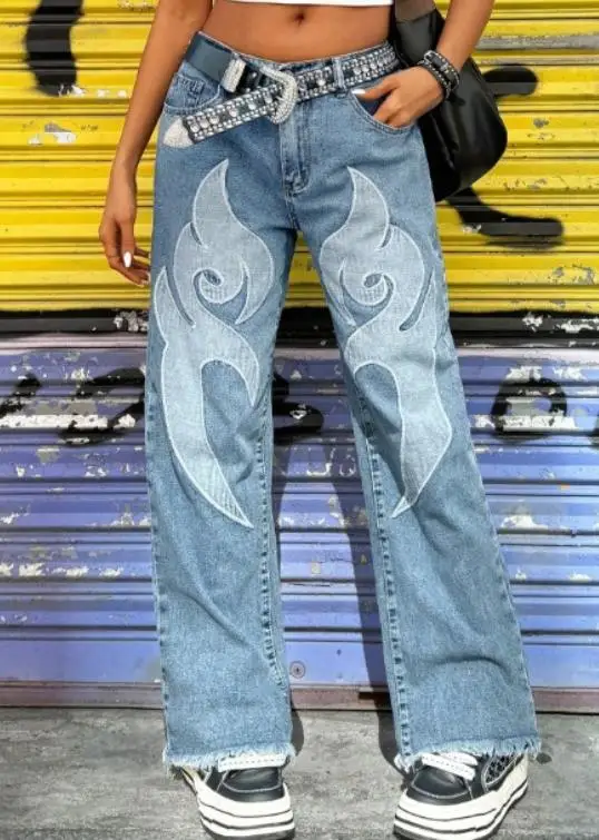 

Women's Jeans Summer New Fashion Trend Personality High Street Style Geometric Print Low Waist Slim Fit Straight Leg Jeans