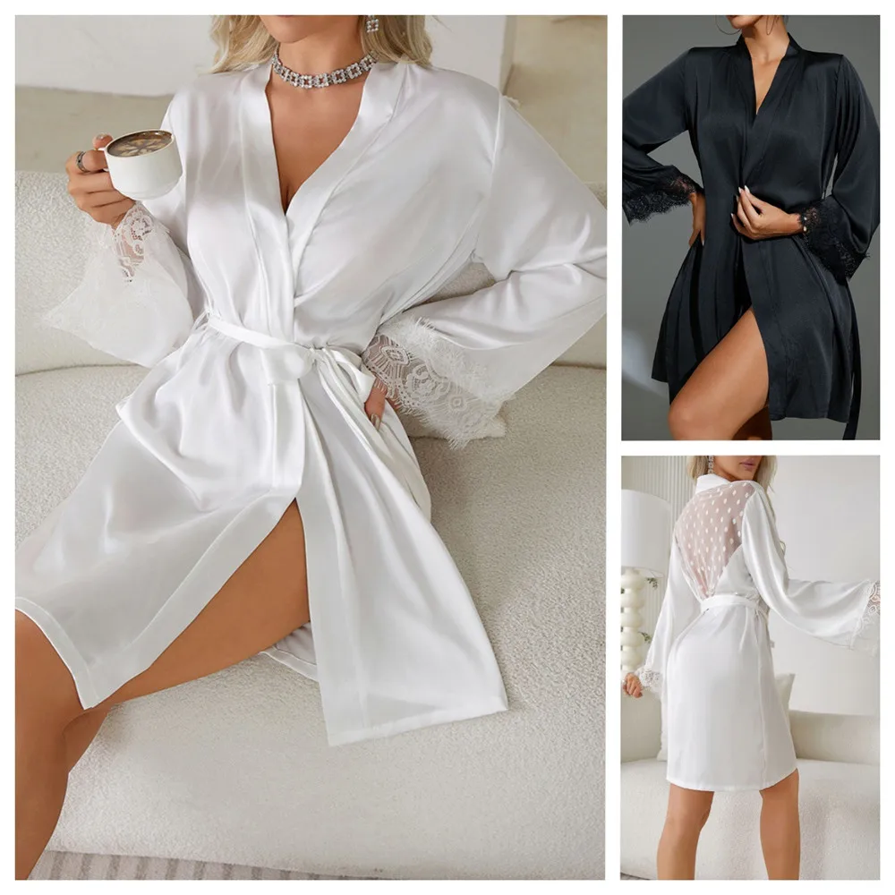 

Кружевной халат с вырезом сзади, одежда для сна, летнее кимоно из ледяного шелка, халат, одежда для дома, повседневная женская ночная рубашка