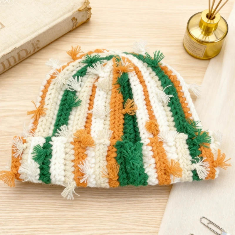 Japanische handgemachte gehäkelte mehrfarbige Pullover-Strickmütze, Wintermode, Ohrenschutz, verdickte warme Beanie-Mützen für Frauen – Detail 5