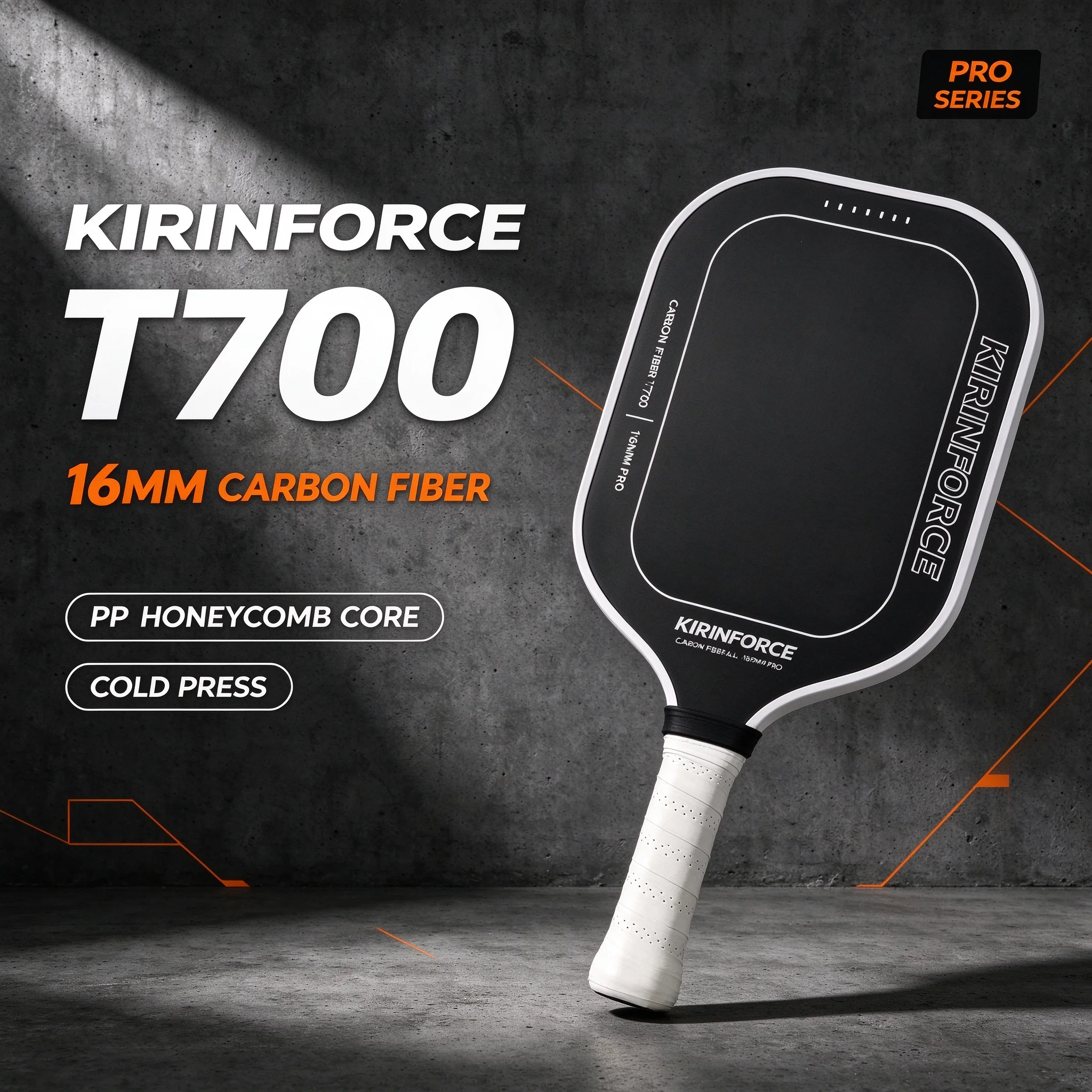 KIRINFORCE T700 Carbon Fiber Pickleball Paddle 16mm PP Honeycomb Core Cold Press Matte Black Vented Grip Spin Sweet Spot