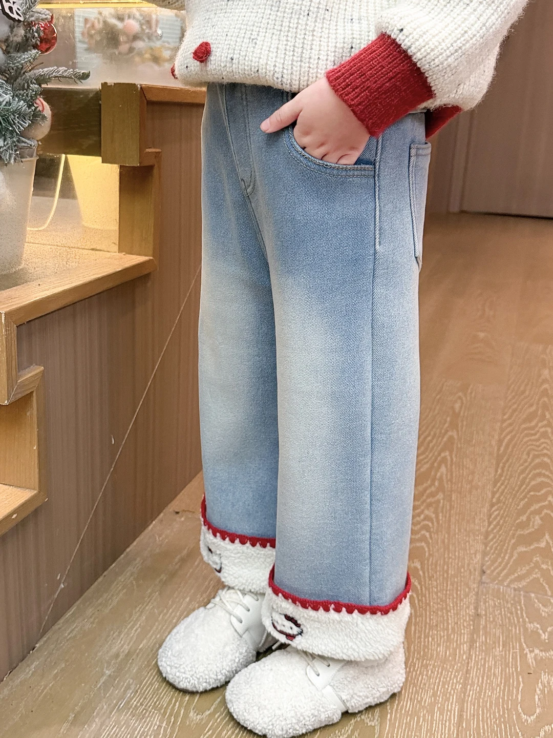 Trendy meisjes winterjeans asymmetrische hoge taille lange broek Fce gevoerde warme oorverzwakte casual broek met rechte pijpen