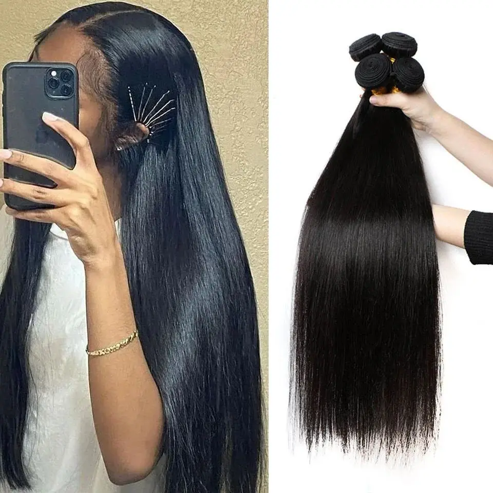 

Бразильские 28 30-дюймовые необработанные девственные необработанные 100% человеческие волосы для наращивания, прямые 3 4 пучка волос с двойным утком, объемные плетения волос